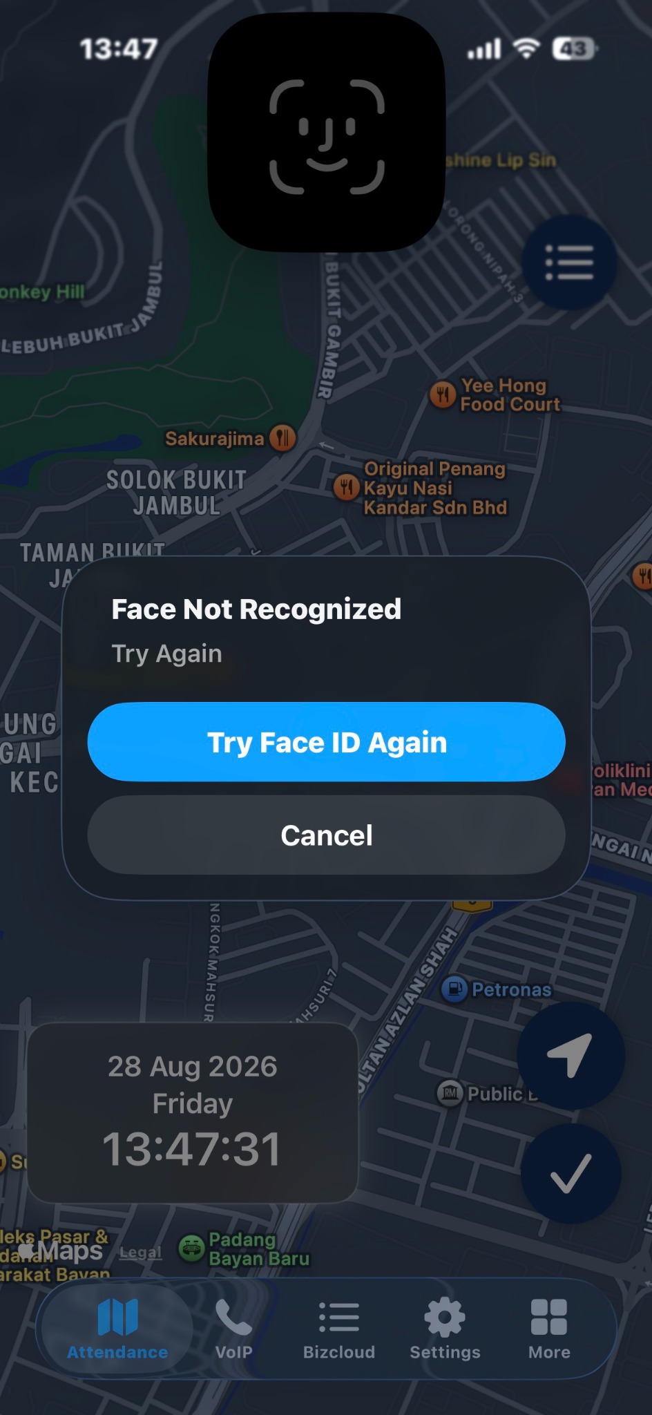 BizCloud App Face ID retry screen on iOS