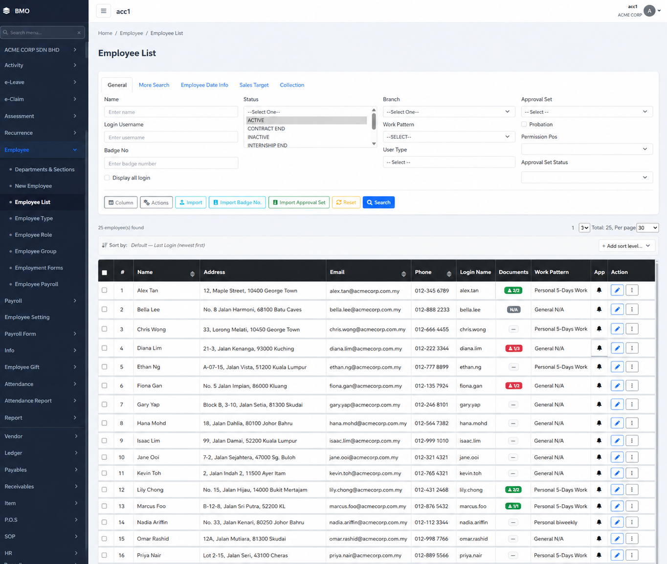 HRM.my employee list with employee records and HR navigation